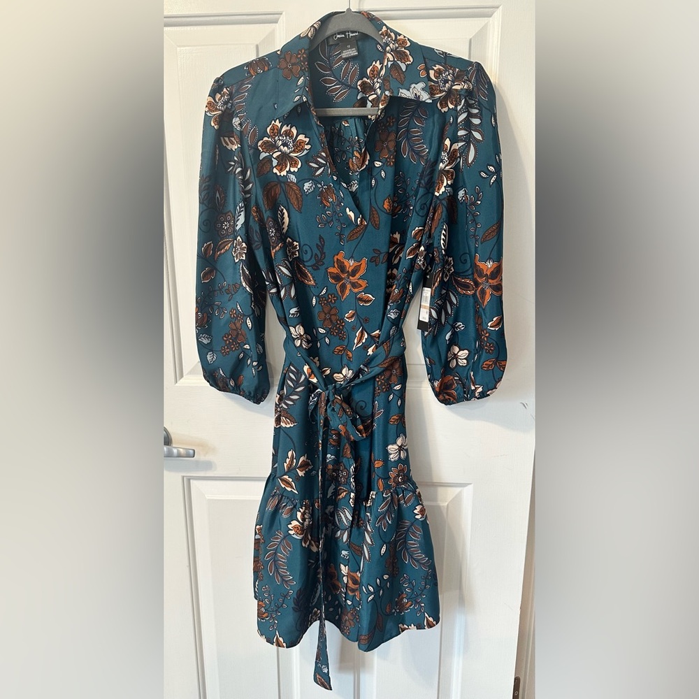Jessica Howard Teal Floral 3/4 Sleeve Collared Dress,NWT